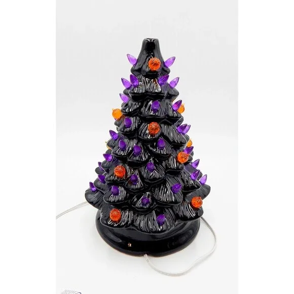 Halloween Tabletop Light Up Tree Ceramic 13 Inch Black Orange Purple